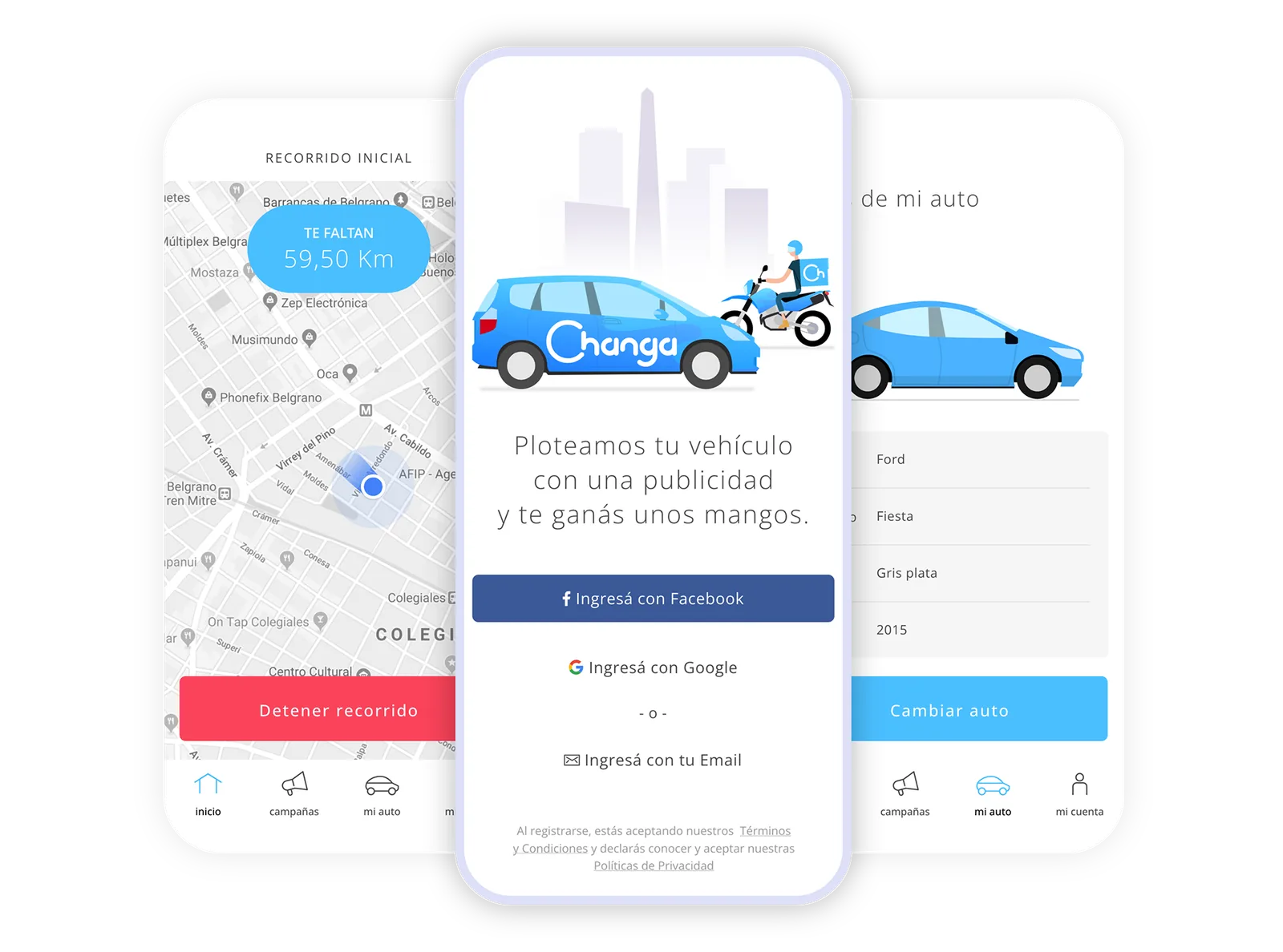 Tres pantallas de Changa: recorrido en el mapa, ingreso a la app y datos del auto.
