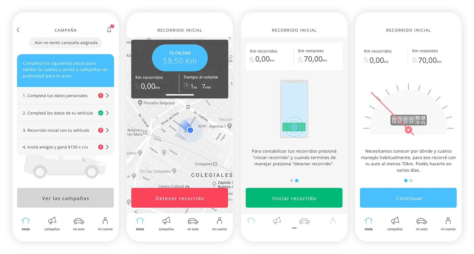 Cuatro pantallas: checklist de alta, mapa con los kilómetros que faltan, cómo iniciar un recorrido y explicación del recorrido de 70 km.