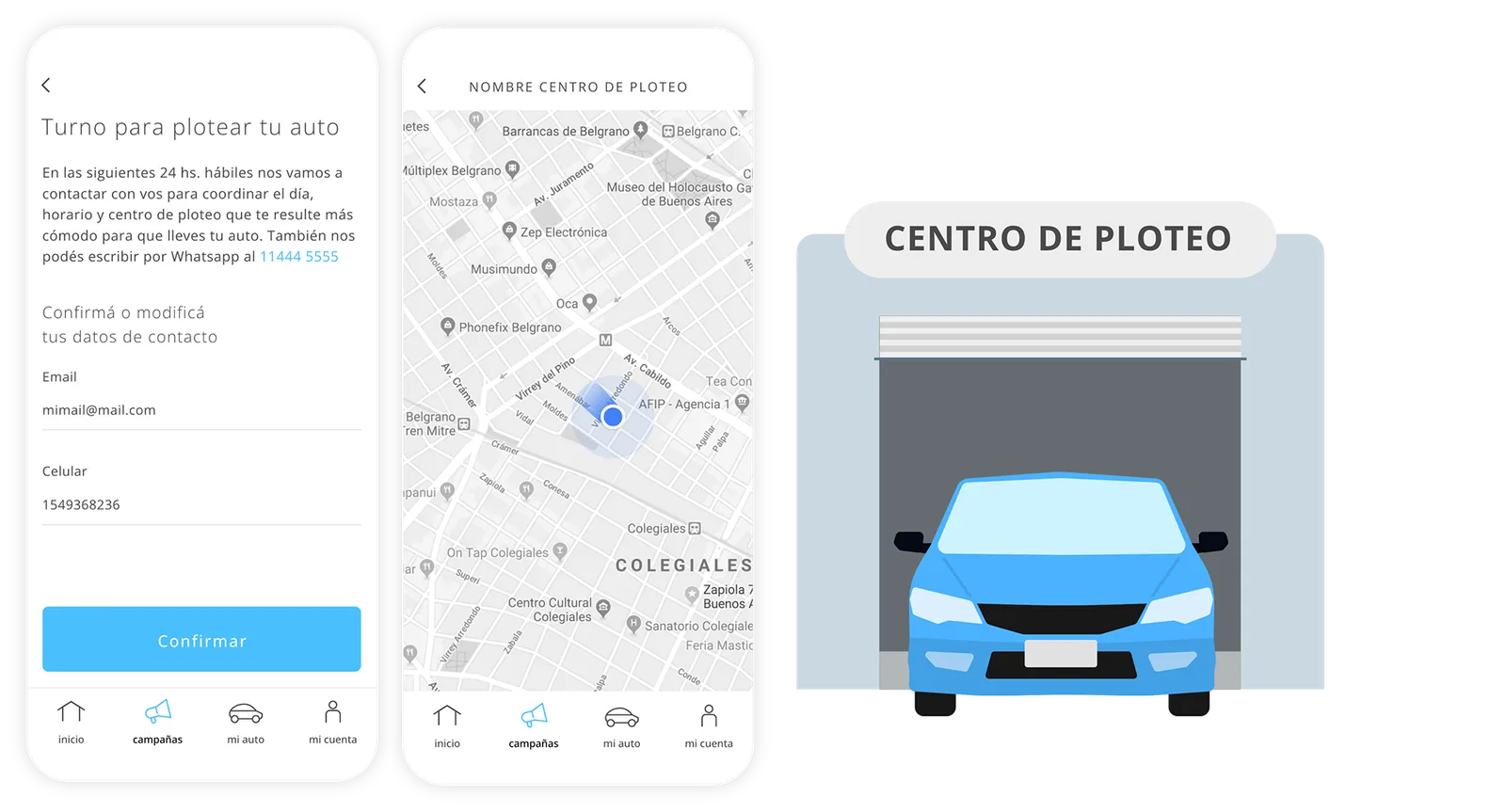 Pantalla para pedir turno de ploteo, mapa del centro de ploteo e ilustración de un auto saliendo del taller.