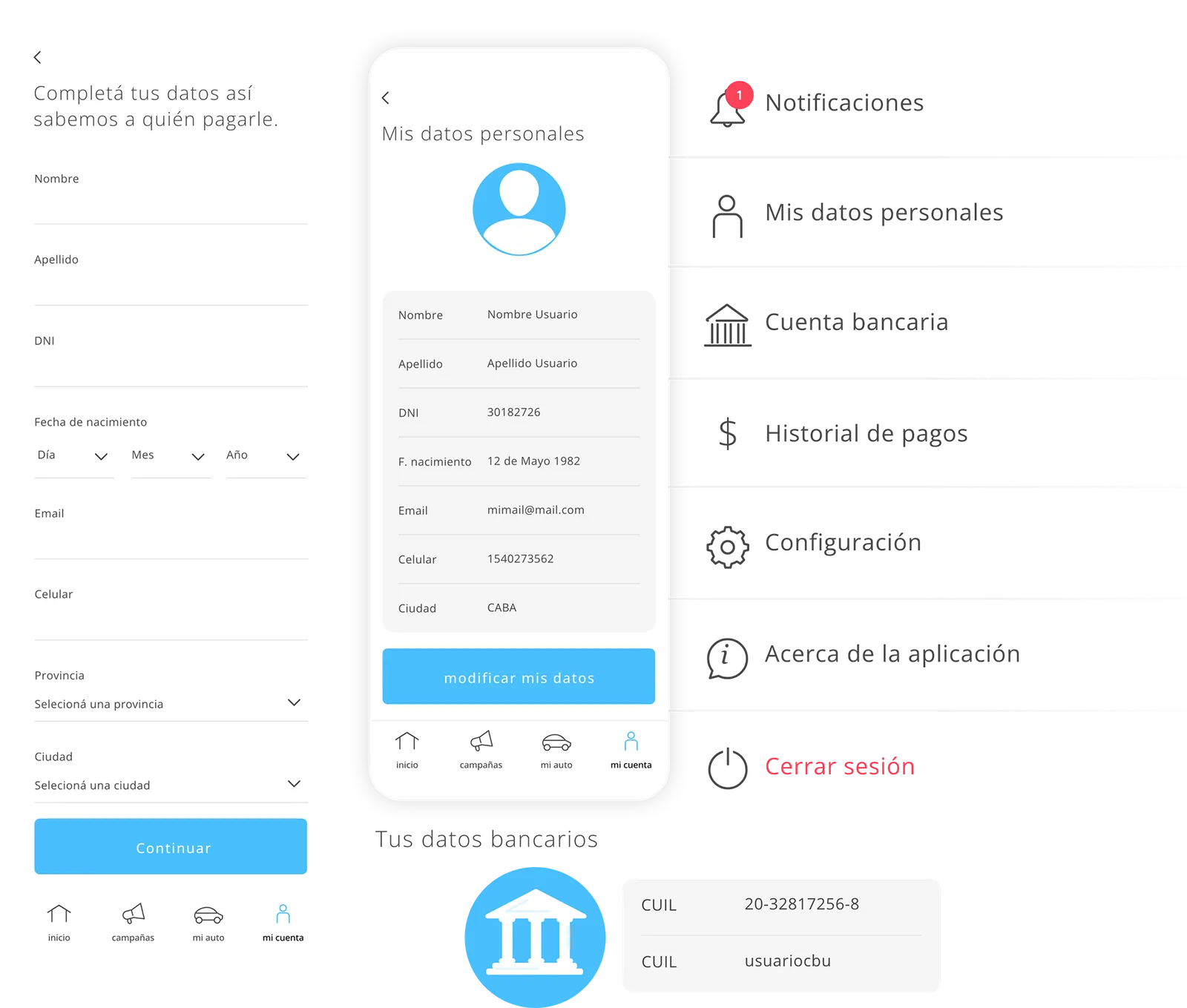 Formulario de datos personales, perfil del usuario, menú de la cuenta y datos bancarios.