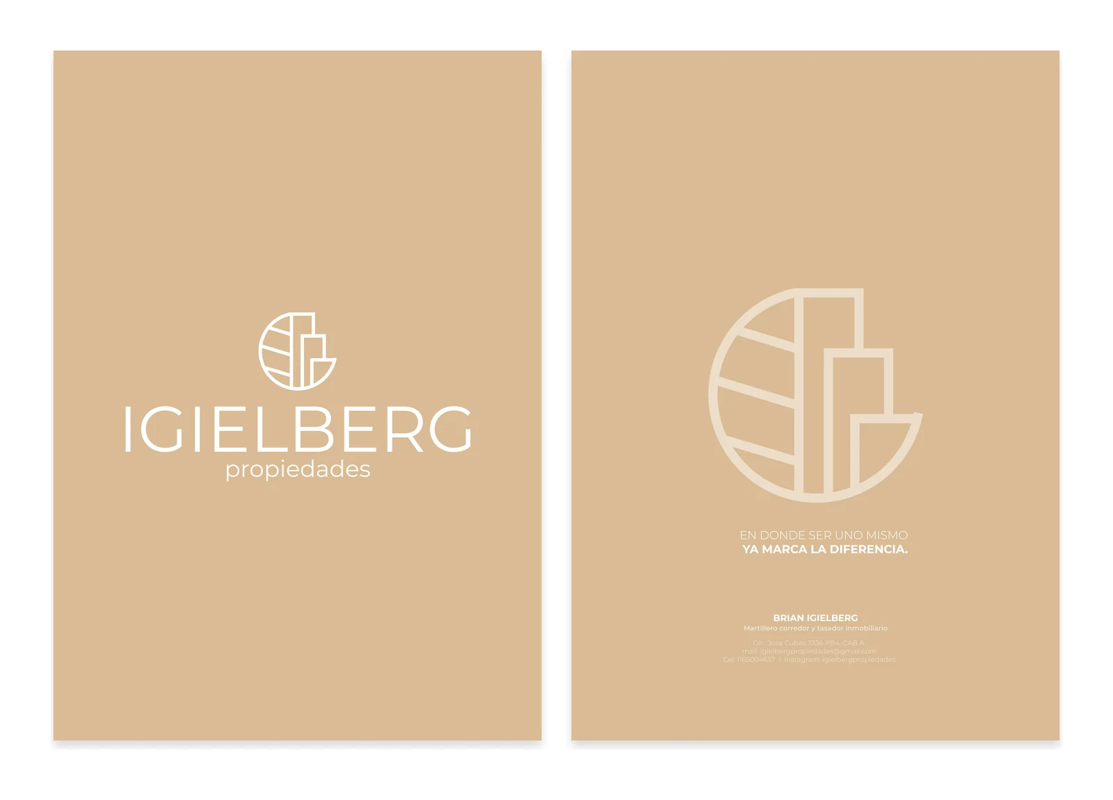 Carpeta de Igielberg Propiedades: tapa con el logo y contratapa con el isotipo grande y la frase En donde ser uno mismo ya marca la diferencia.