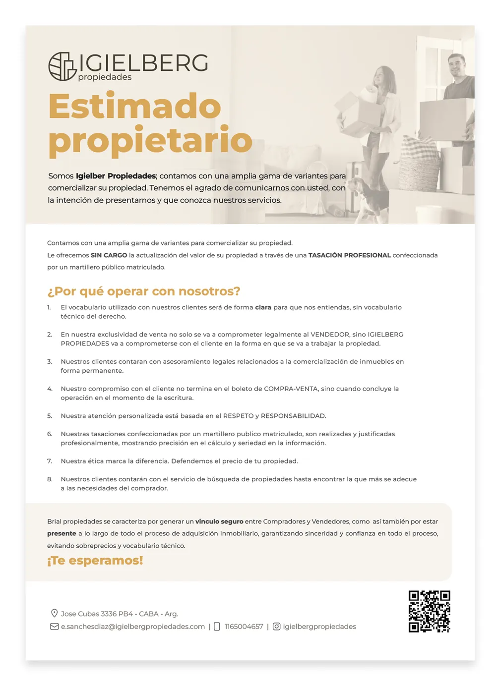 Flyer Estimado propietario, con los motivos para operar con Igielberg.