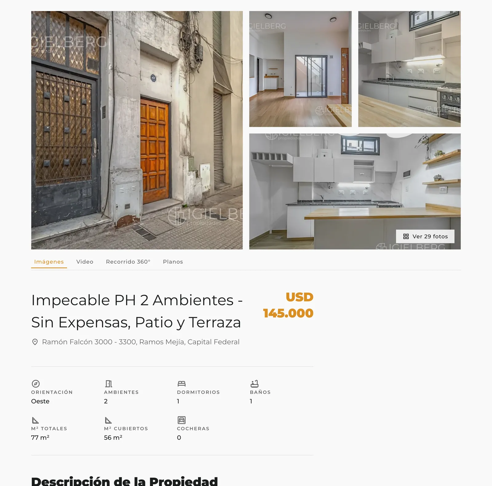 Ficha de una propiedad: galería de fotos, pestañas de video, recorrido 360° y planos, precio y datos.