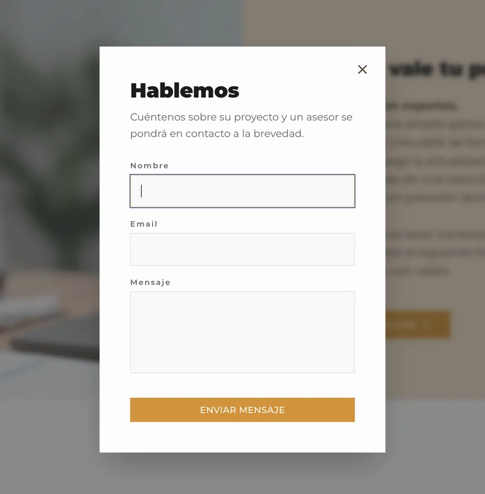 Formulario Hablemos abierto sobre la home.
