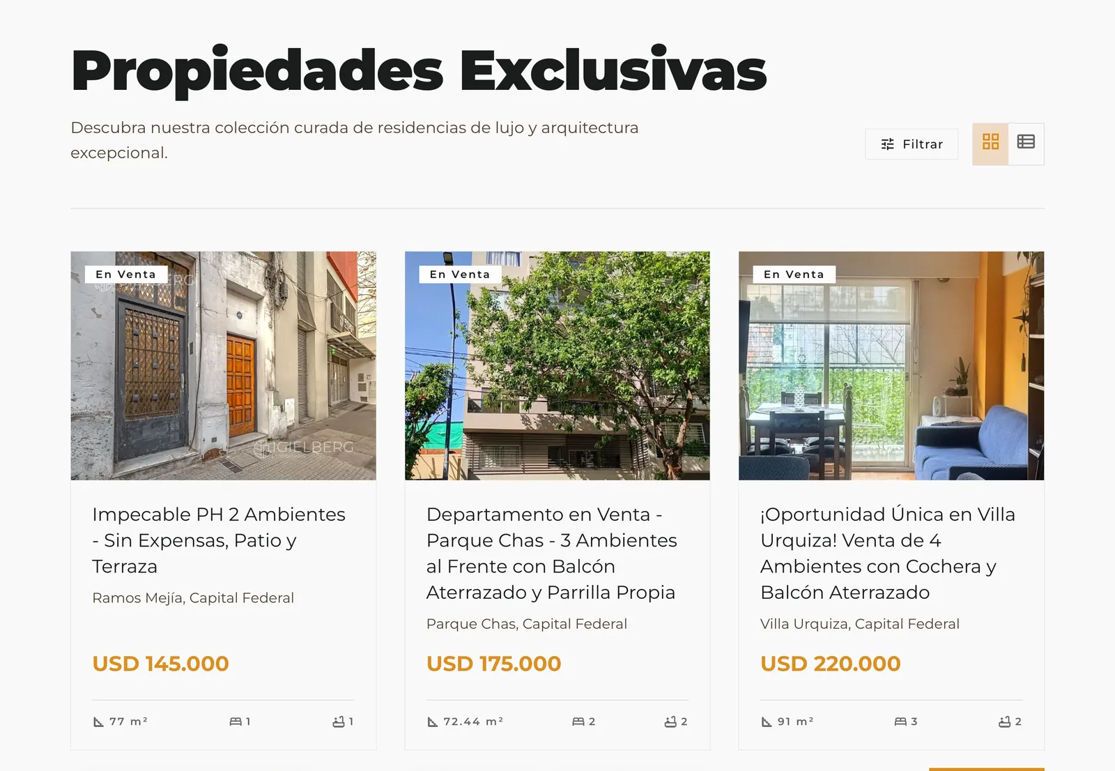 Listado Propiedades exclusivas con filtros y tres propiedades en grilla.