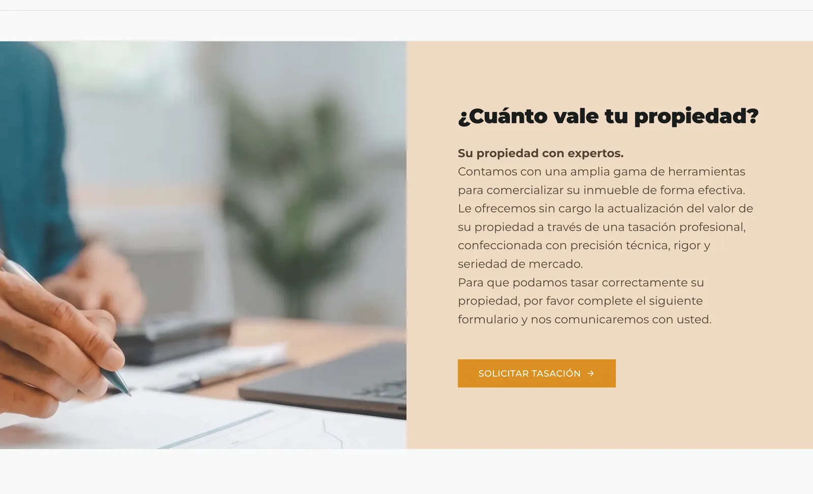 Sección ¿Cuánto vale tu propiedad?, con el botón para solicitar una tasación.