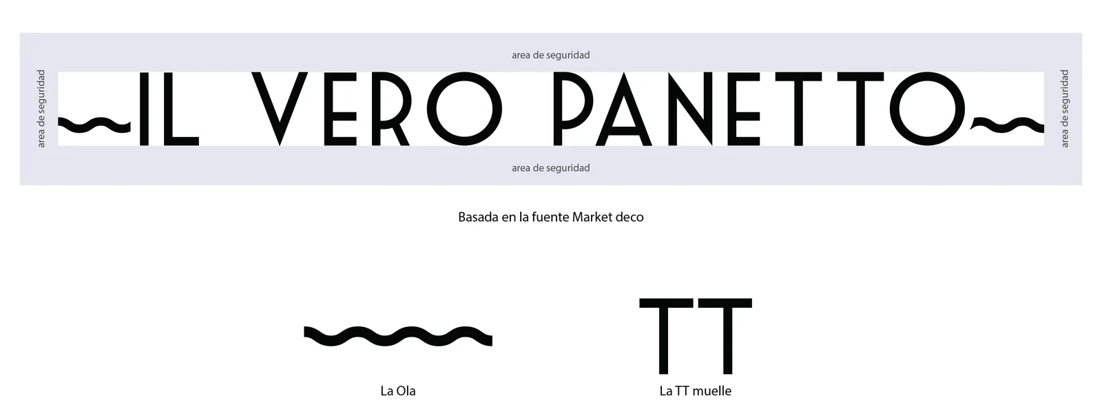 Construcción del logo: el nombre con su área de seguridad, basado en la fuente Market Deco, y los elementos La Ola y La TT muelle.