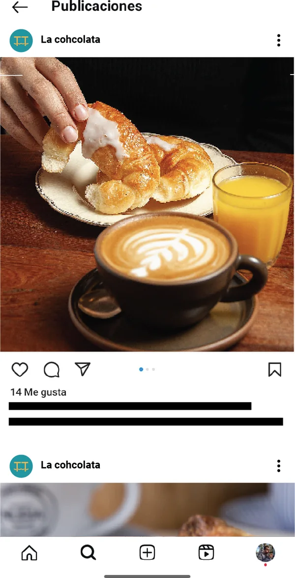 Feed de Instagram con una foto de medialunas, café y jugo.