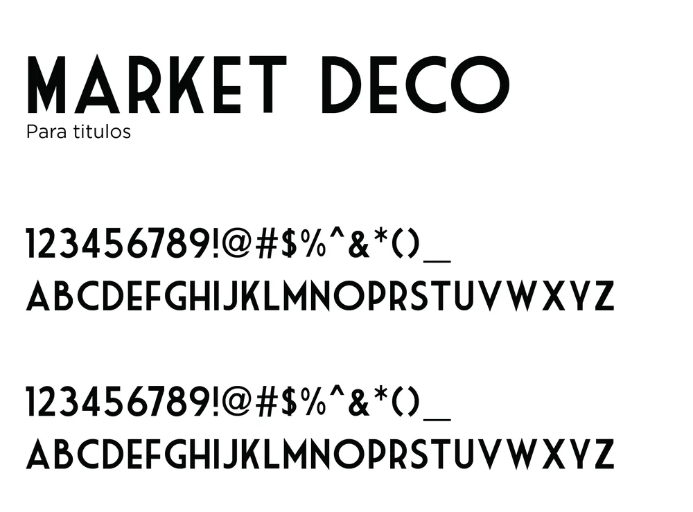 Market Deco: tipografía para títulos, con números y mayúsculas en dos pesos.
