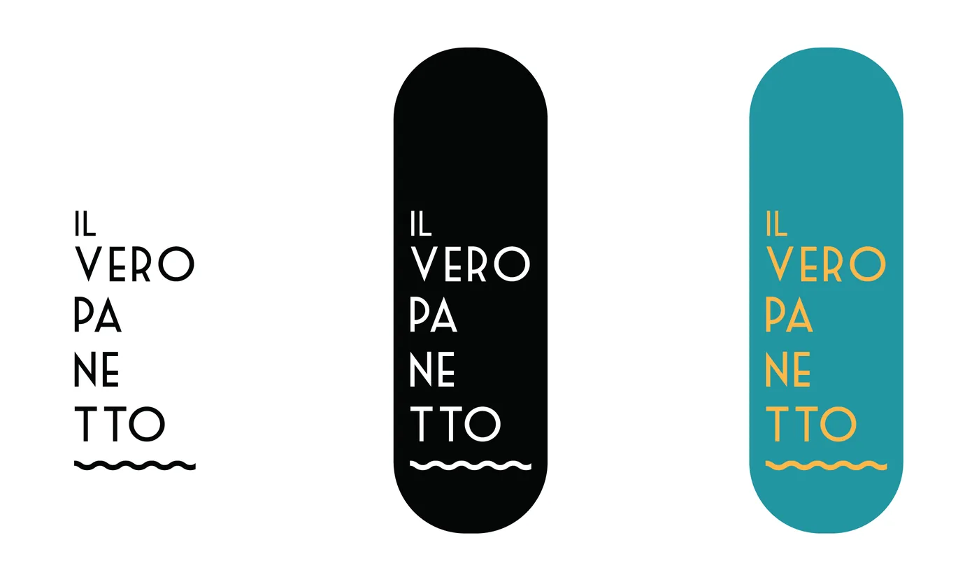 Logo vertical: IL VERO PA NE TTO con la ola debajo, en tres fondos.