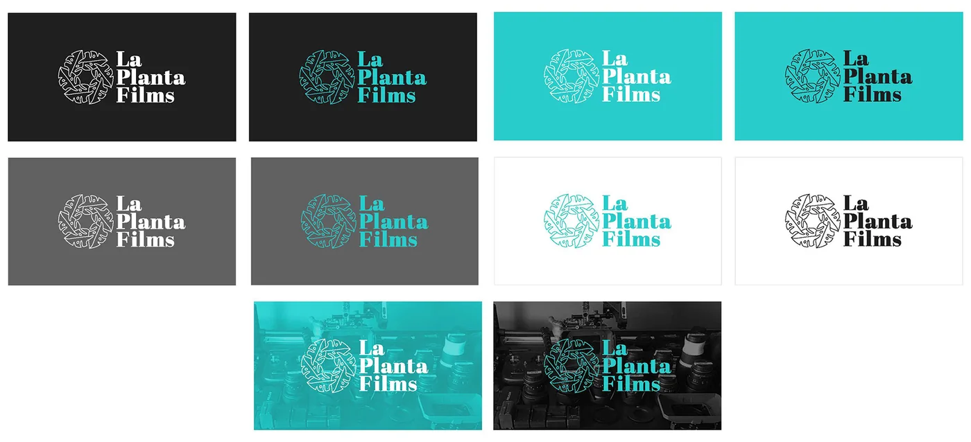 El logo de La Planta Films sobre fondos negros, grises, turquesas, blancos y sobre fotos de equipos de filmación.