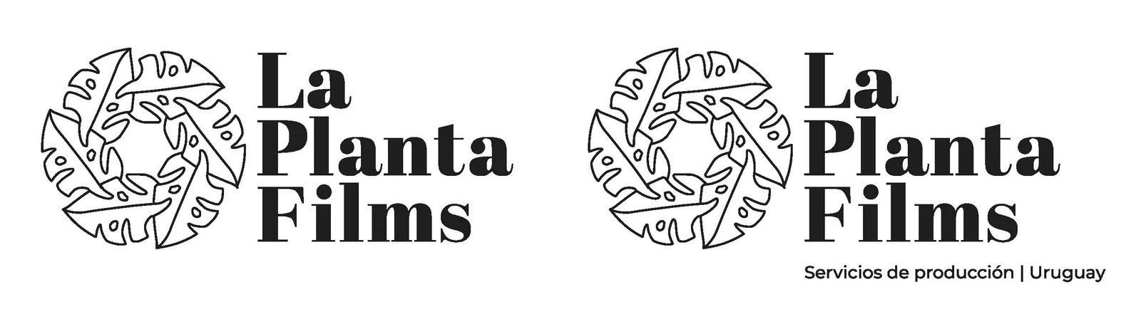 Logo de La Planta Films: isotipo de hojas de monstera en círculo y el nombre en serif, sin bajada y con la bajada Servicios de producción, Uruguay.
