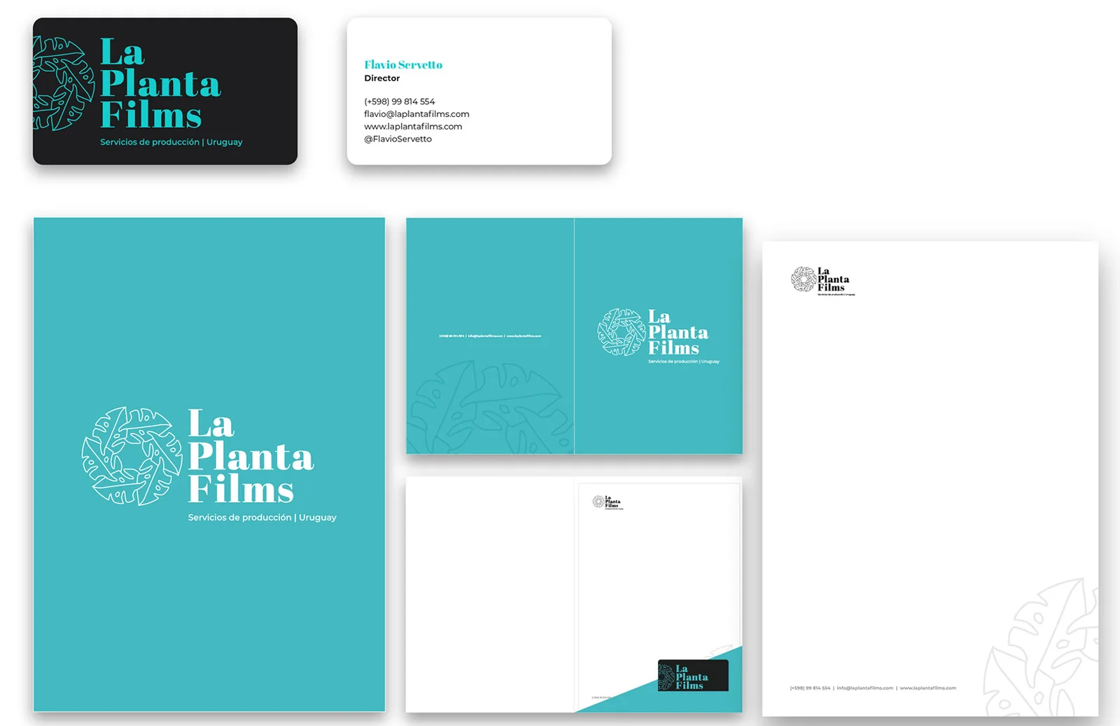 Papelería de La Planta Films: tarjetas, carpeta turquesa, sobre y hoja membretada.