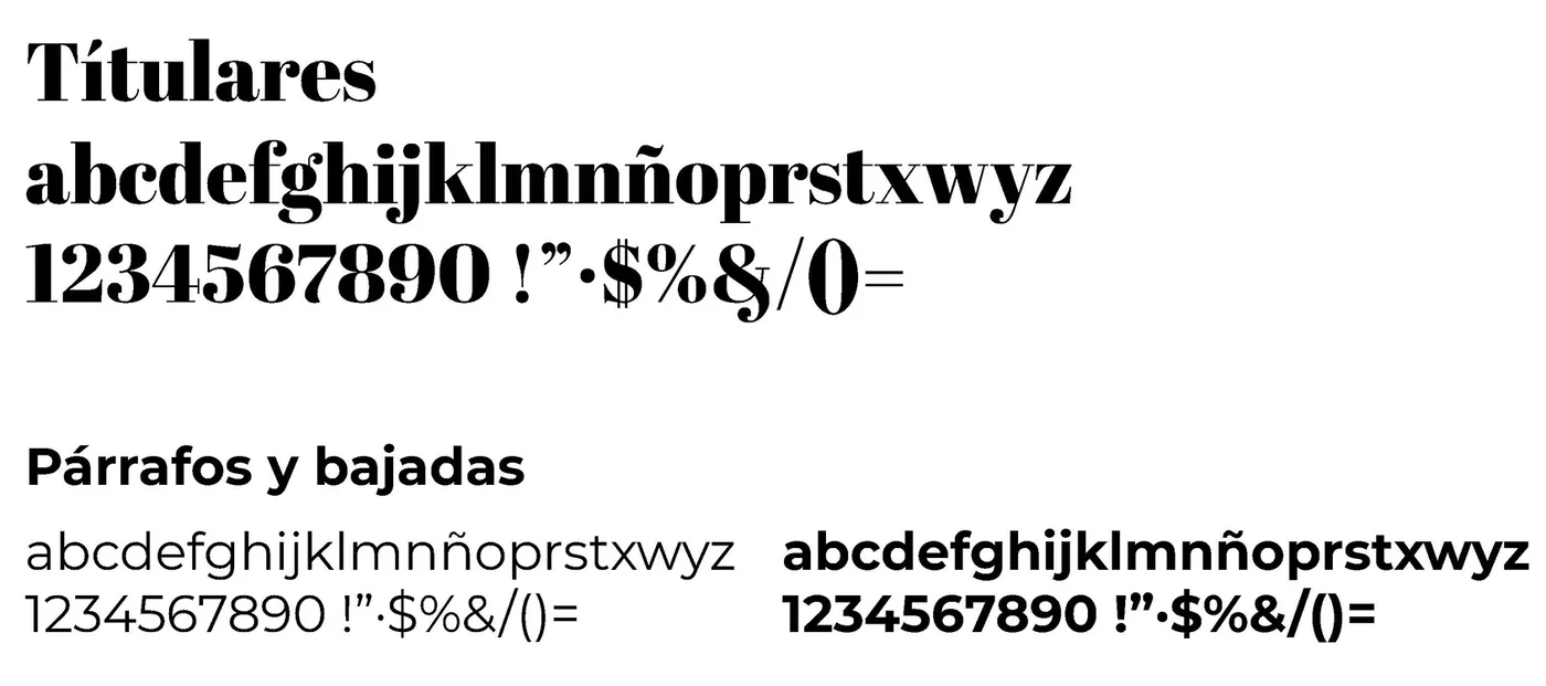 Tipografías: serif de alto contraste para titulares y sans geométrica en dos pesos para párrafos y bajadas.