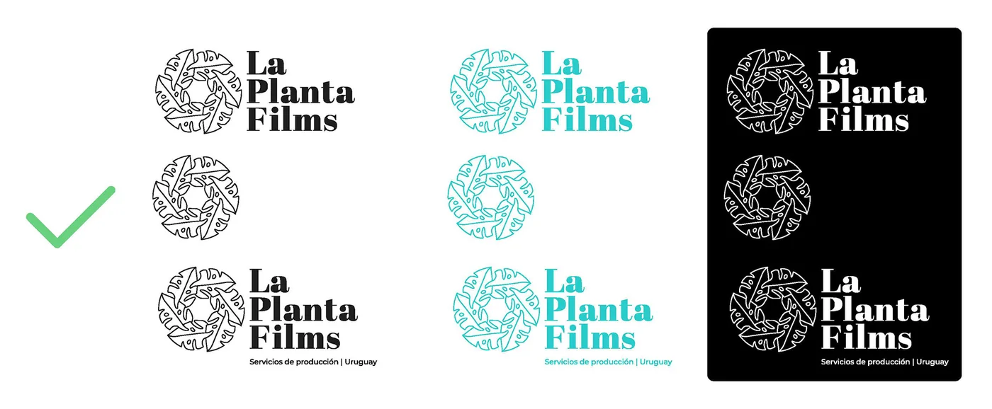 Usos correctos del logo en negro, turquesa y blanco sobre negro.