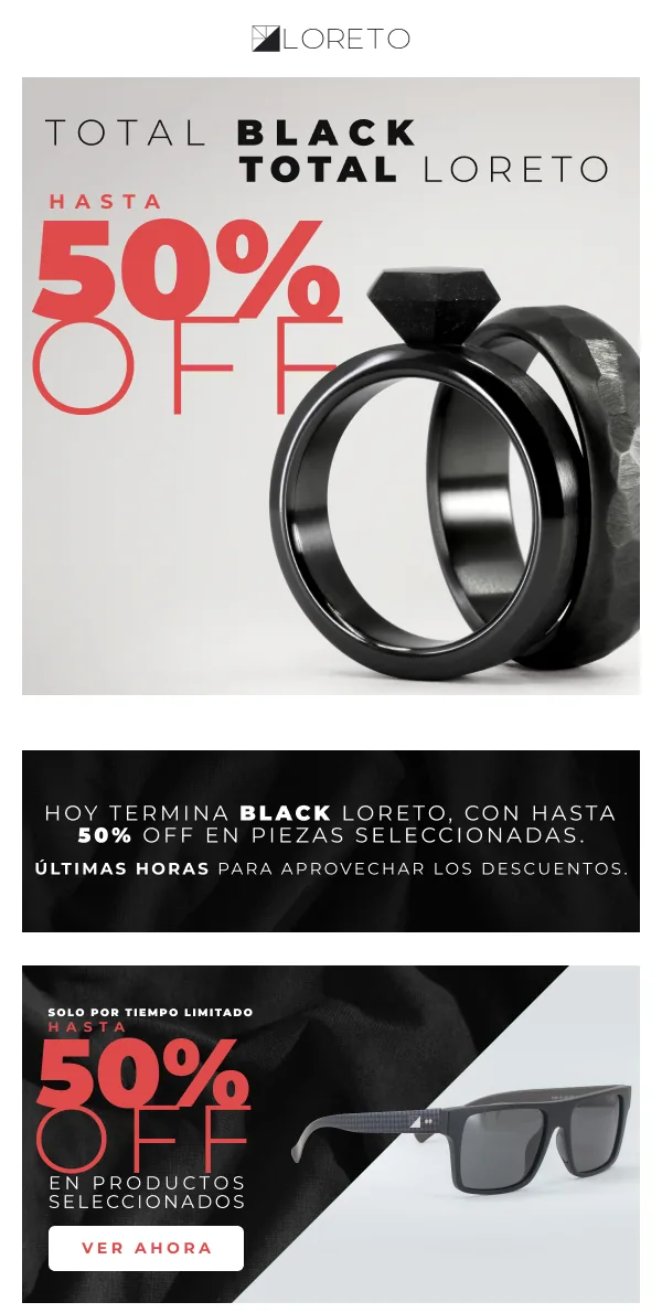 Newsletter de Black Loreto: hasta 50% off.