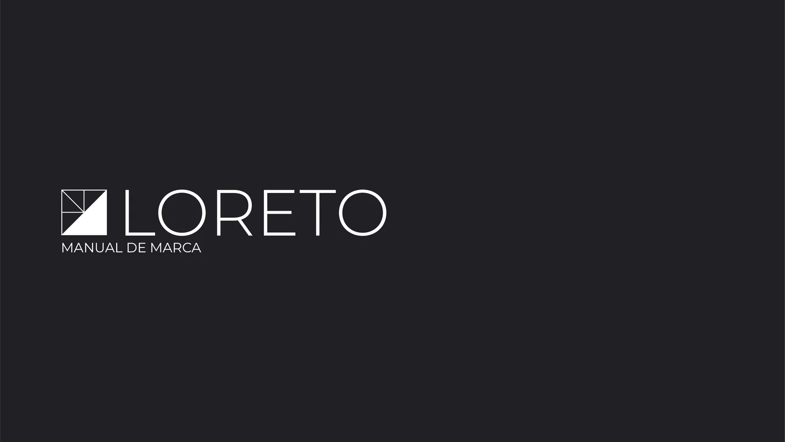 Portada del manual de marca de Loreto: el logo en blanco sobre fondo gris oscuro.