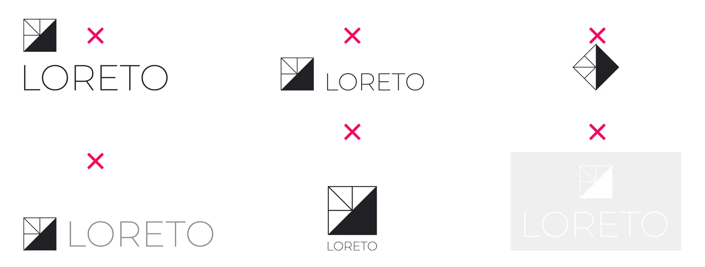 Seis usos incorrectos del logo de Loreto, marcados con una cruz.