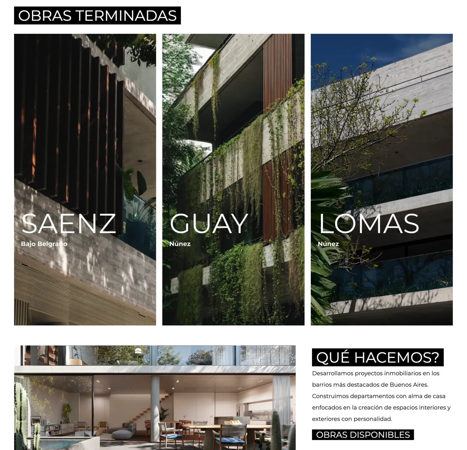 Home de Pentamodo: las obras terminadas Saenz, Guay y Lomas en tres columnas, y la sección Qué hacemos.