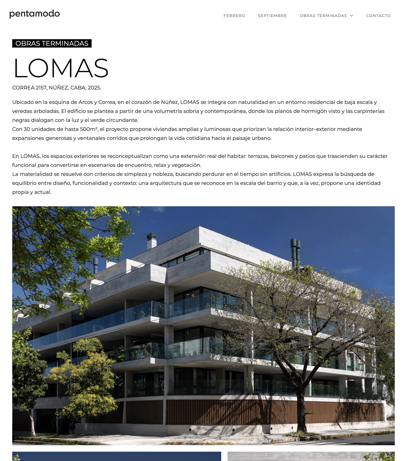 Obra terminada Lomas: título, dirección, texto del proyecto y foto de la fachada.