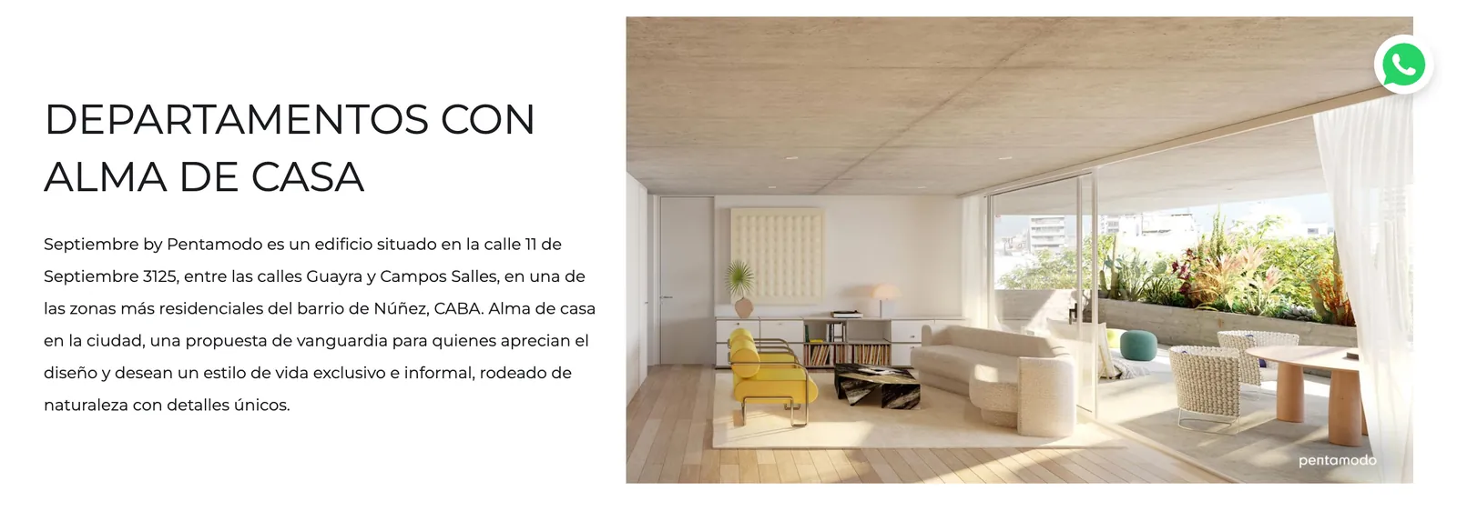 Obra Septiembre: bloque Departamentos con alma de casa, con texto e imagen del living.