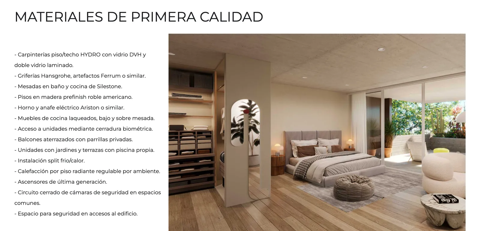 Obra Septiembre: lista de materiales de primera calidad junto al render de un dormitorio.