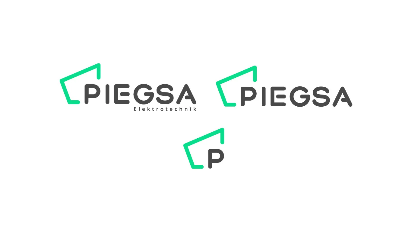 Logo de Piegsa Elektrotechnik en sus tres versiones: con la bajada Elektrotechnik, sin bajada e isotipo.