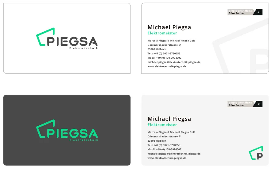 Tarjetas personales de Piegsa, frente y dorso, en blanco y en gris.