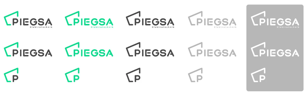 Versiones del logo de Piegsa en verde, gris y blanco: con bajada, sin bajada e isotipo.