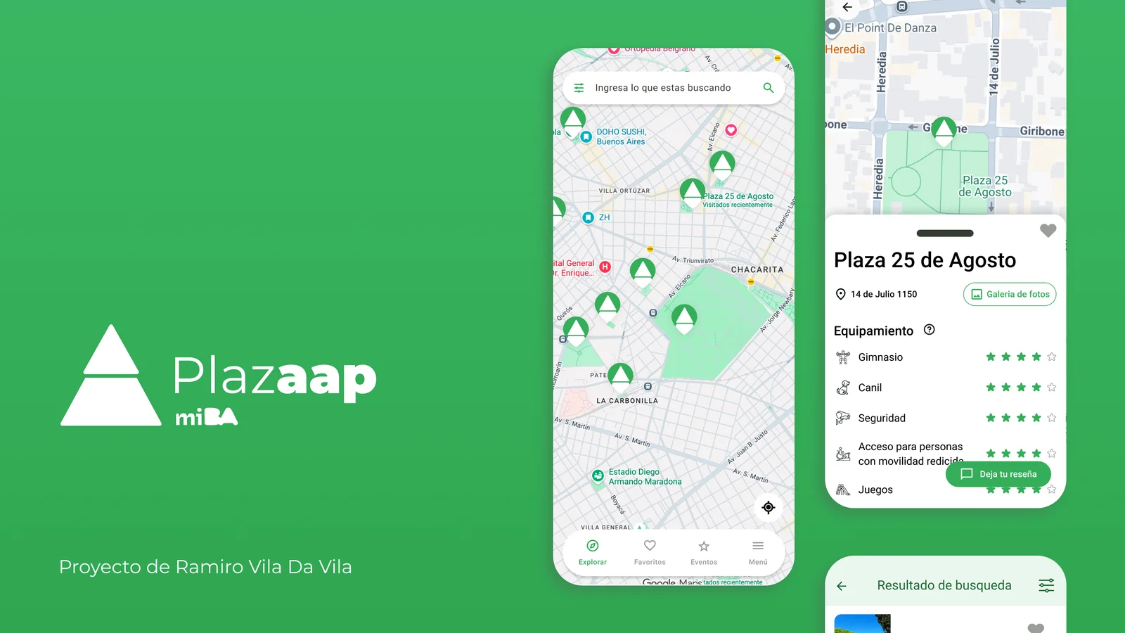Plazaap: el logo junto a dos pantallas de la app, el mapa de plazas y la ficha de Plaza 25 de Agosto con su equipamiento puntuado.