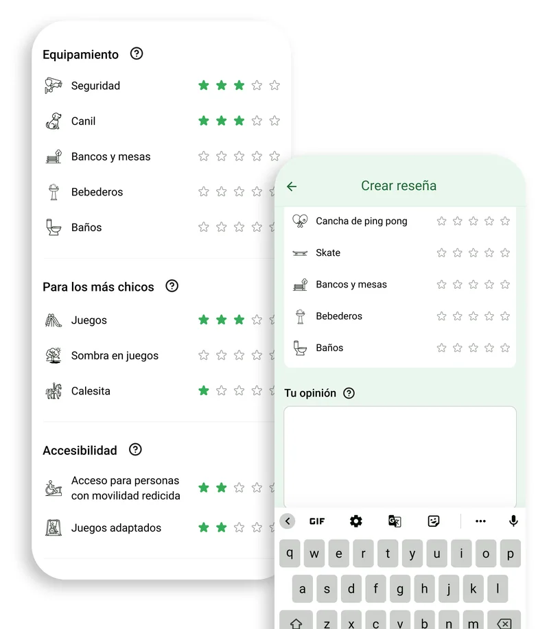 Ficha técnica de una plaza con el equipamiento puntuado con estrellas, y la pantalla para crear una reseña.