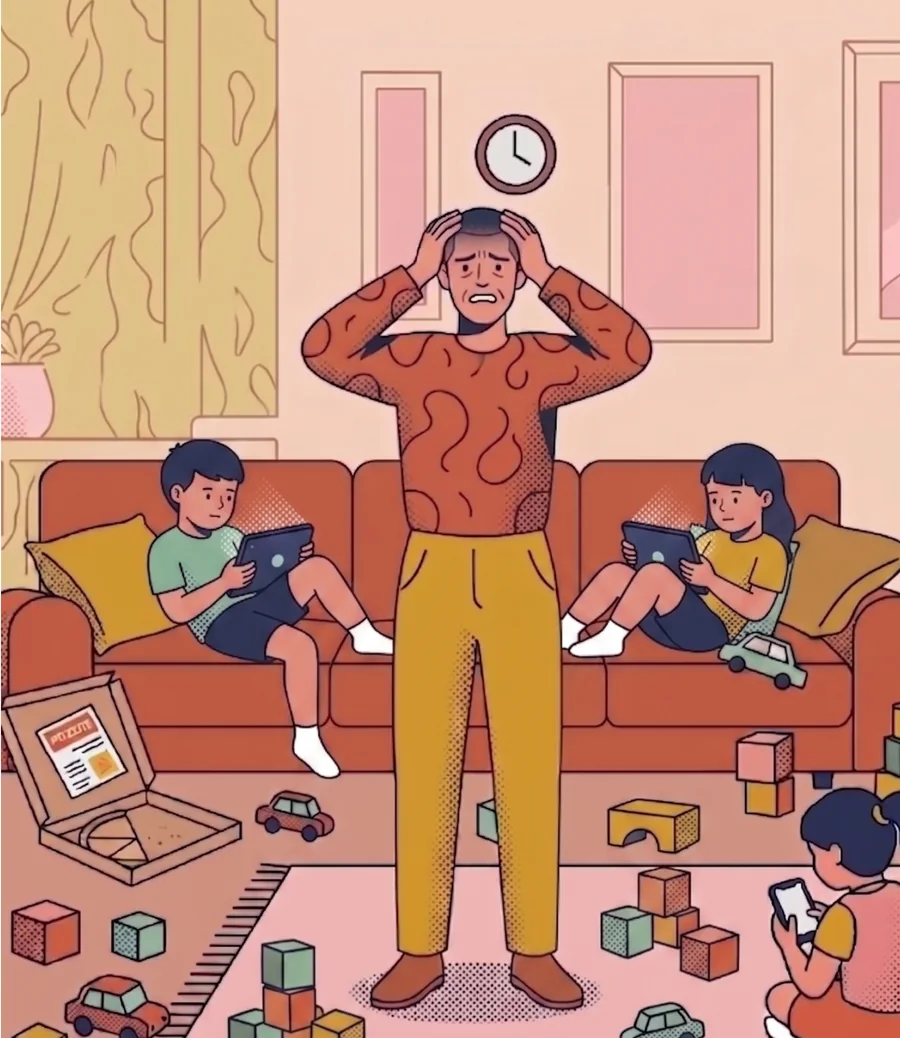 Ilustración del punto de vista: un padre agobiado mientras sus hijos miran pantallas en el sillón.
