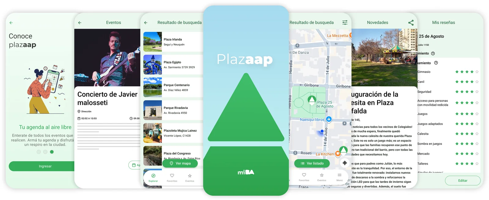 Prototipo final en alta: onboarding, eventos, resultados, splash, mapa, novedades y reseñas.
