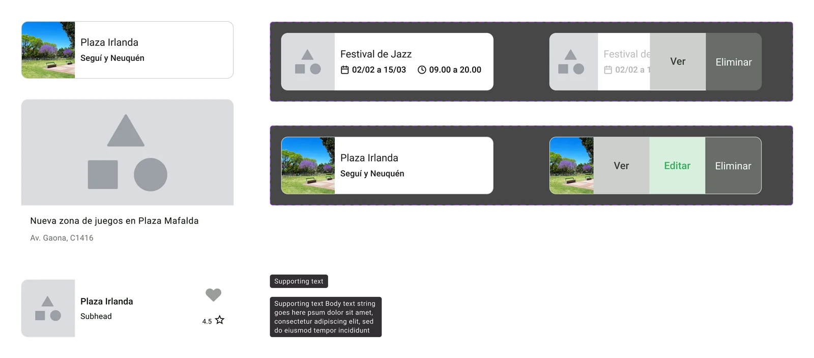 Tarjetas de plazas y eventos, con acciones de ver, editar y eliminar.