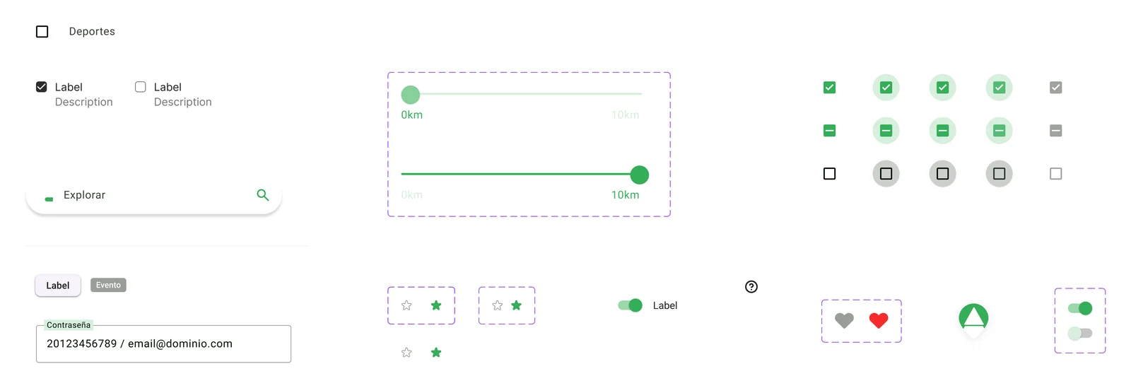Checkboxes, buscador, slider de distancia, campos, toggles y favoritos.
