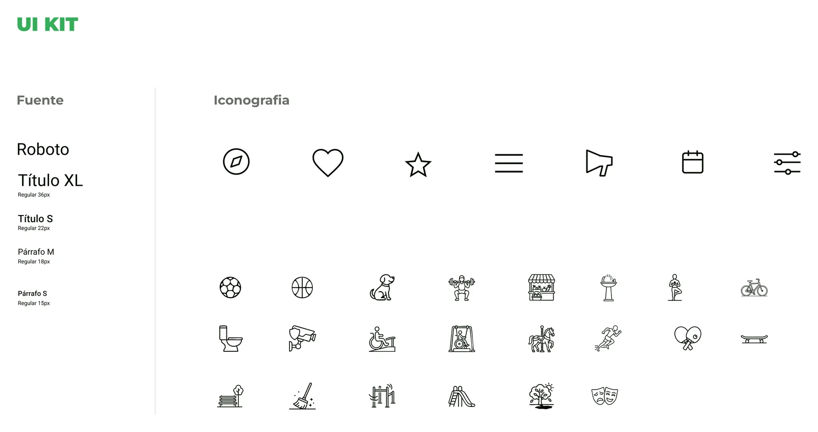 Tipografía Roboto e iconografía de navegación y de equipamiento.