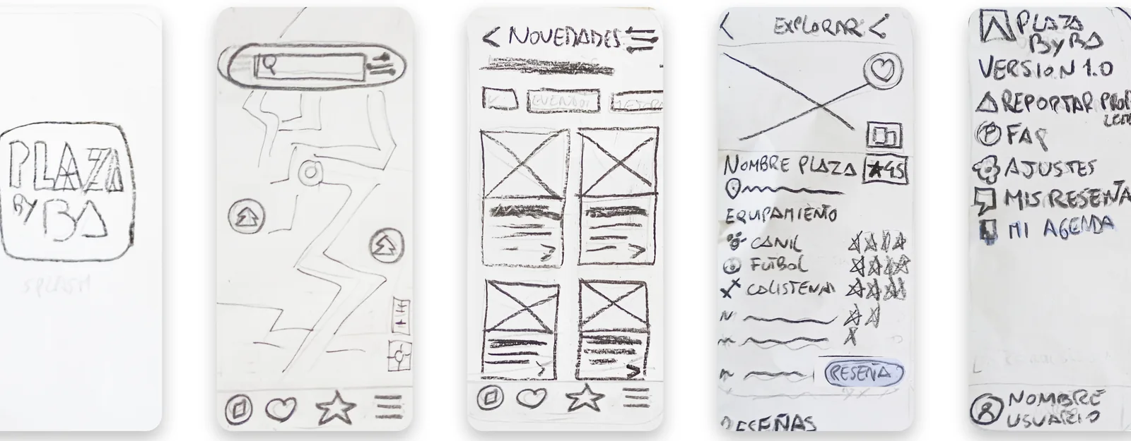 Wireframes dibujados a mano de las pantallas principales.