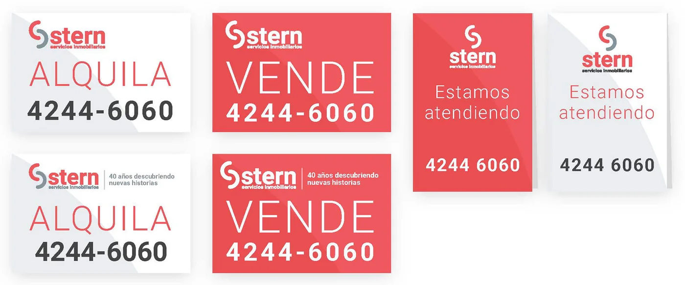 Carteles de Alquila, Vende y Estamos atendiendo con la marca Stern.