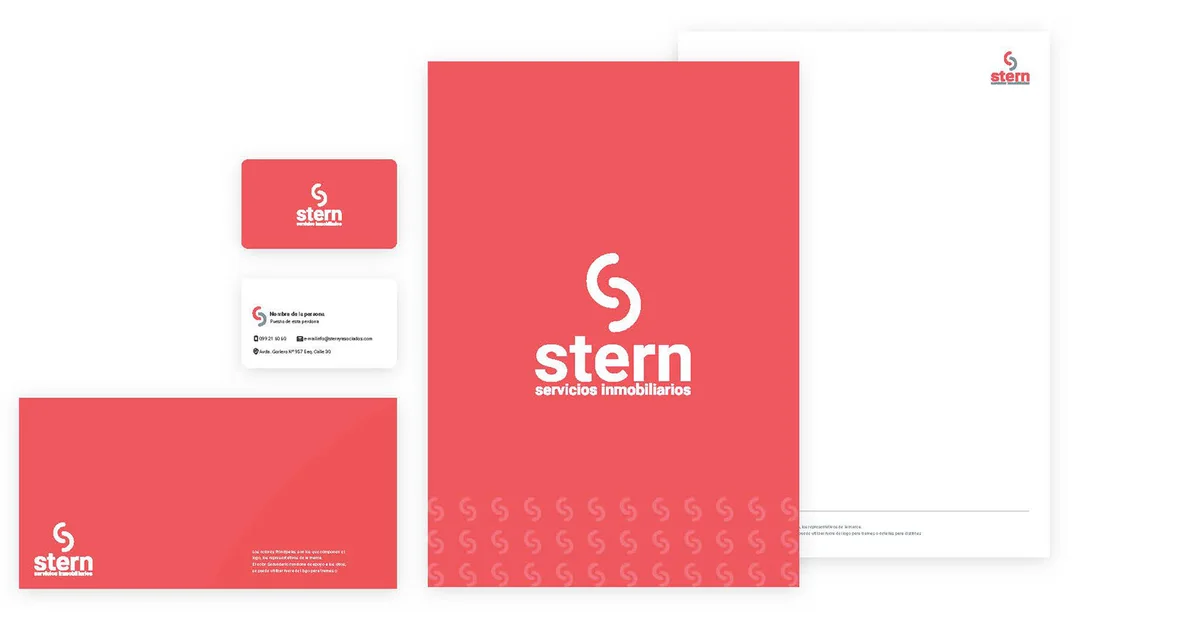 Papelería de Stern: tarjetas, carpeta, sobre y hoja membretada.