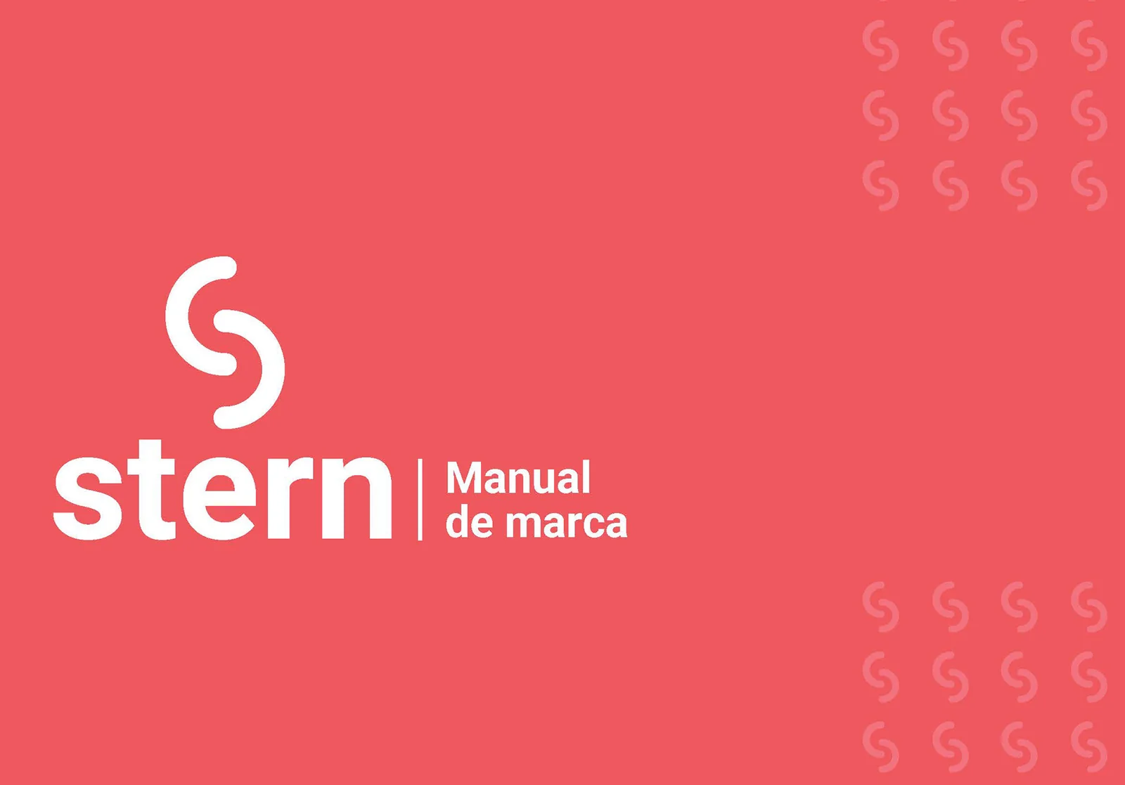 Portada del manual de marca de Stern: el logo en blanco sobre rojo, con una trama de isotipos.