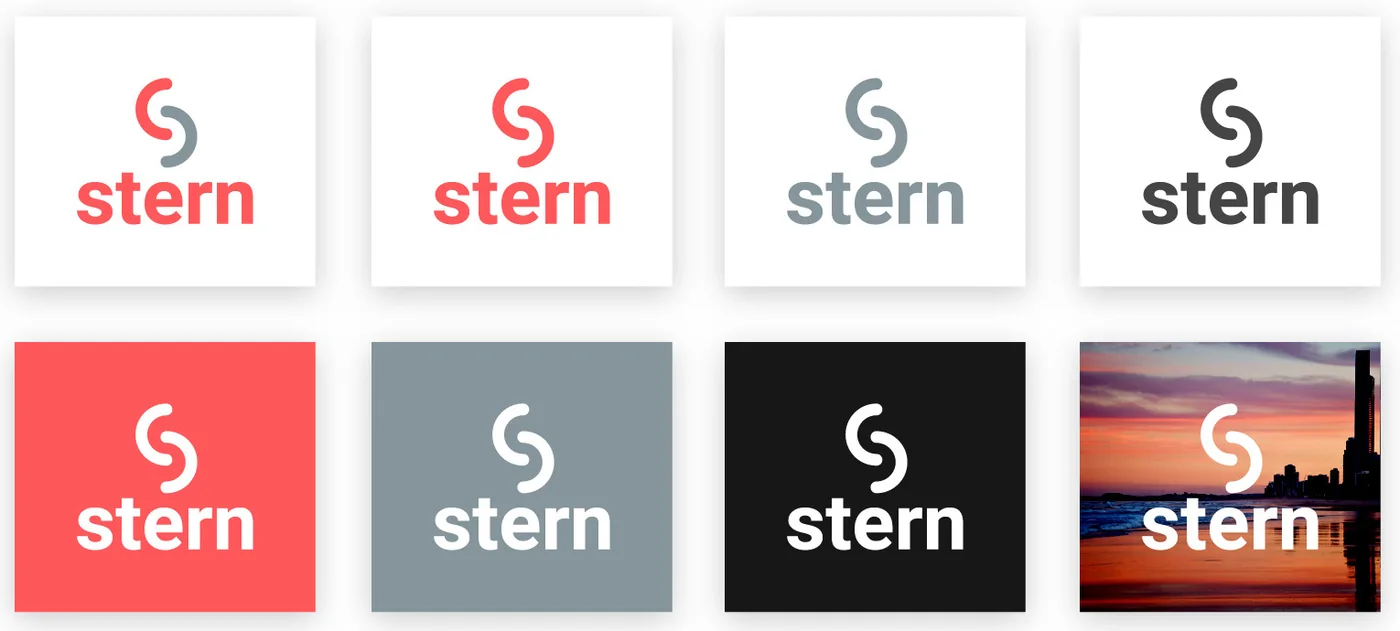 Ocho usos correctos del logo de Stern sobre distintos fondos.
