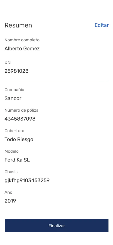 Resumen de datos del gruero, su seguro y su vehículo.