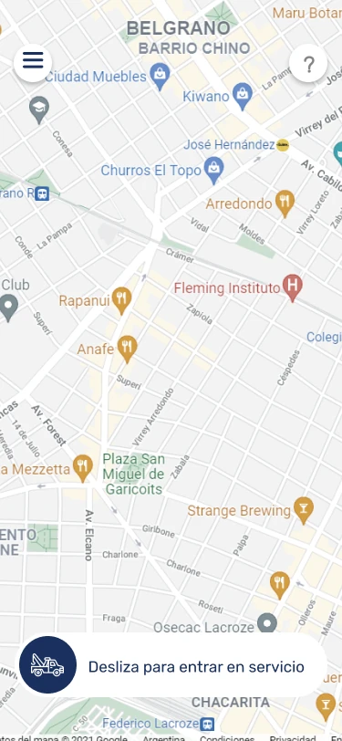 Mapa con el botón para deslizar y entrar en servicio.