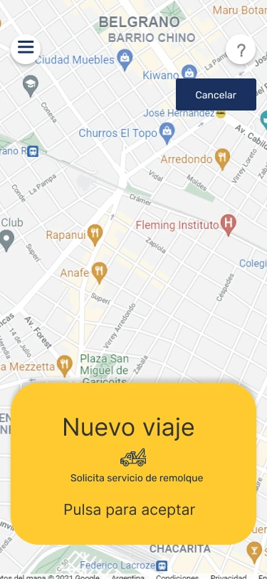 Aviso de nuevo viaje: pulsa para aceptar.