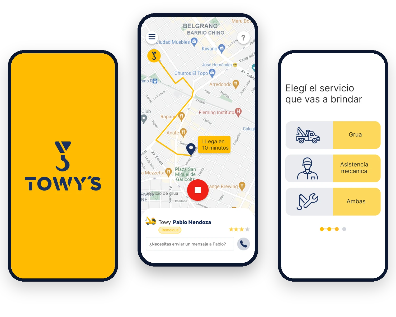 Tres pantallas de Towy’s: el splash con el logo, el mapa con la grúa en camino y la elección del servicio a brindar.