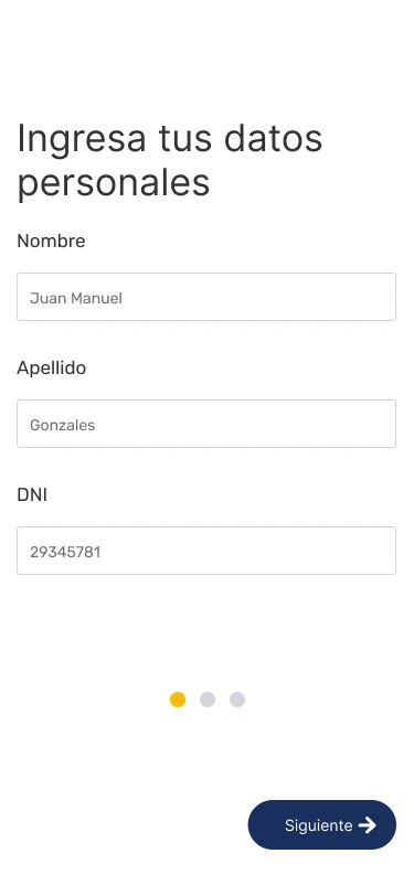 Alta del usuario: nombre, apellido y DNI.