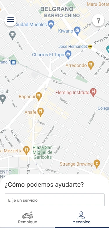 Mapa con el pedido de ayuda: remolque o mecánico.