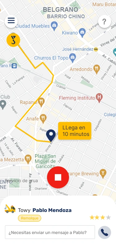 Mapa con la ruta de la grúa, tiempo de llegada y datos del gruero.