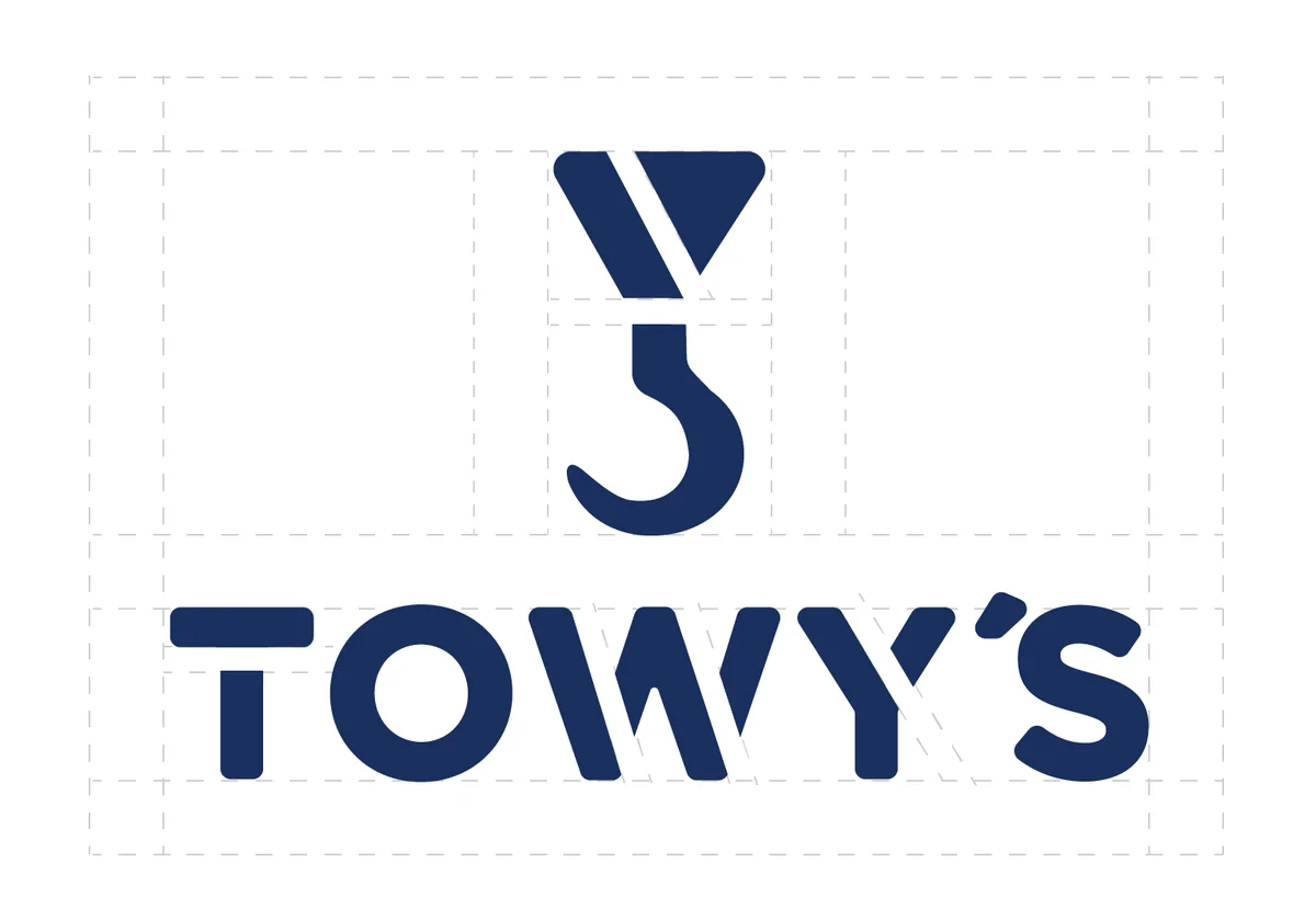 Construcción del logo de Towy’s sobre una grilla: el isotipo con forma de Y y gancho sobre el nombre.