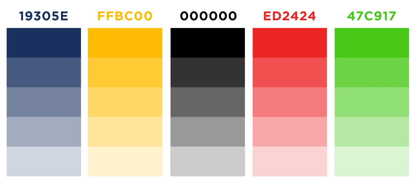 Paleta de colores: azul 19305E, amarillo FFBC00, negro 000000, rojo ED2424 y verde 47C917, cada uno con su escala de tonos.